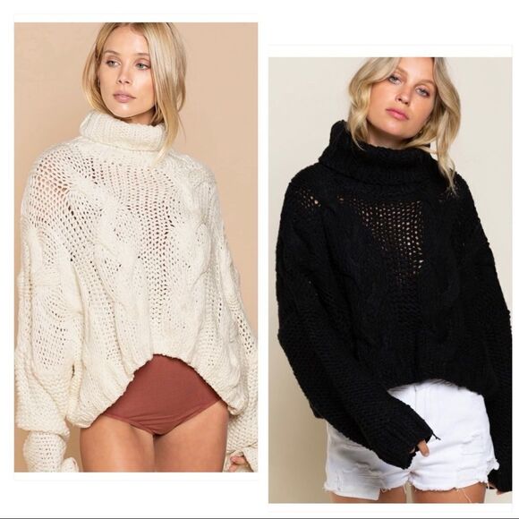 cream Turtle Neck Cable Knit Sweater - Picture 11 of 16